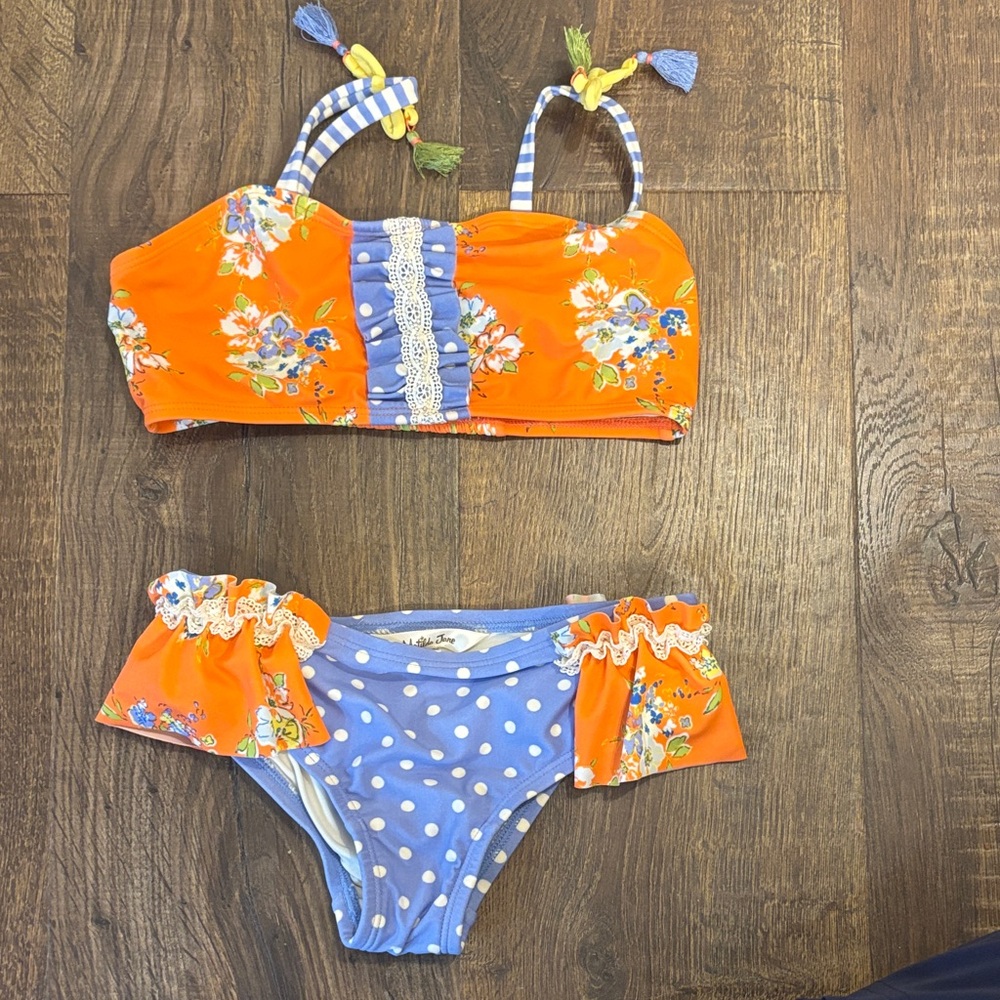 Matilda Jane Orange Floral Bikini Top and blue polka dot bottoms
